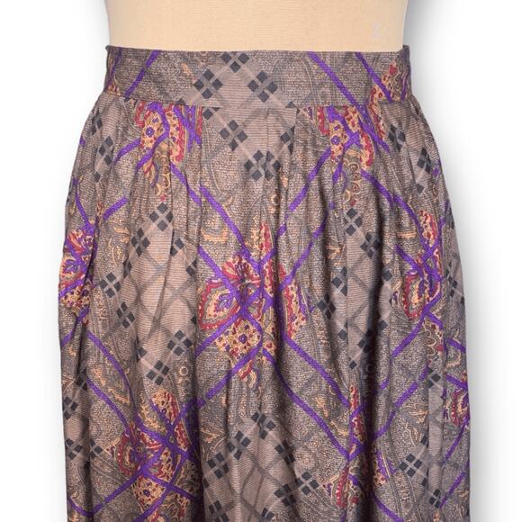 Vintage 90s Rayon Midi Skirt Taupe Purple Paisley Lattice Plaid Print High Waist - Picture 4 of 10